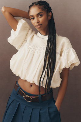 Pilcro Linen Blend Short-sleeve Bubble Top In White