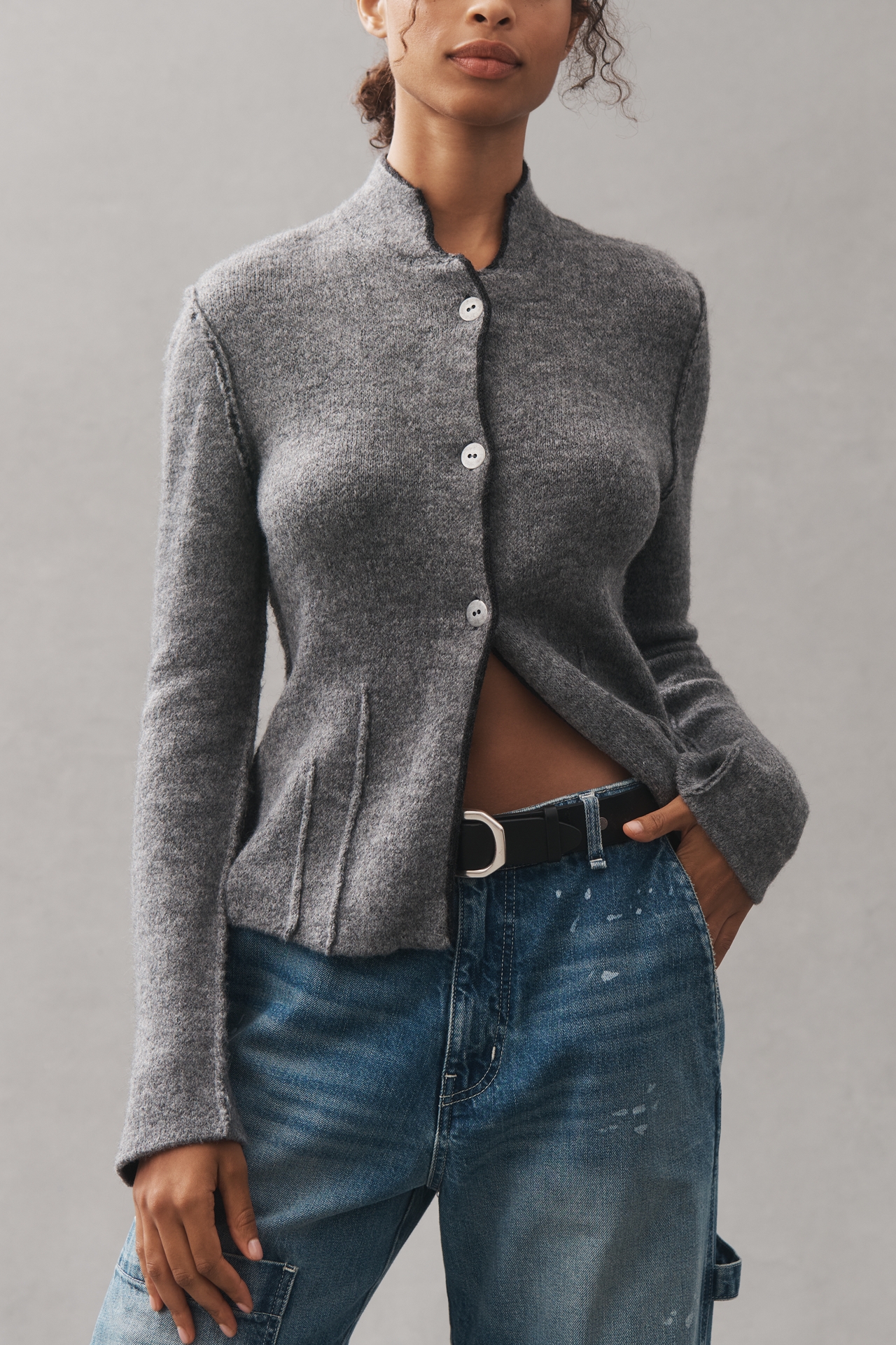 Pilcro Mock-Neck Cutaway Cardigan Sweater