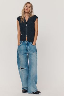 Pilcro Short-Sleeve Two-Way Zip-Front Sweater