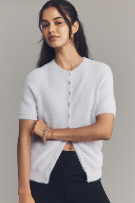 By Anthropologie Short-sleeve Eyelash Cardigan Sweater In White