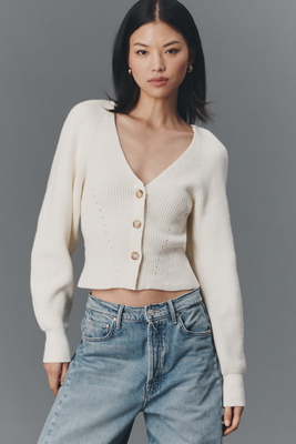 Puff-Sleeve V-Neck Cardigan Sweater