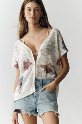 Pilcro Linen-Cotton Short-Sleeve Cardigan