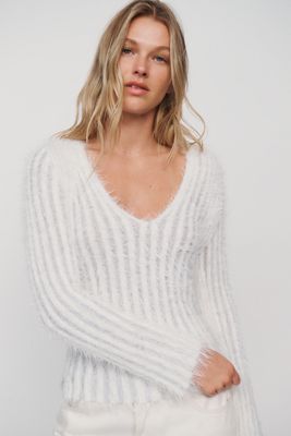 Jersey Afelpado Acanalado con Cuello en V By Anthropologie