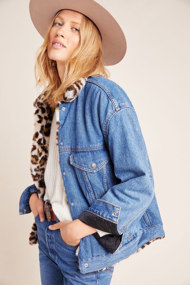 Levi's Zip thru sherpa jacket in leopard print with logo