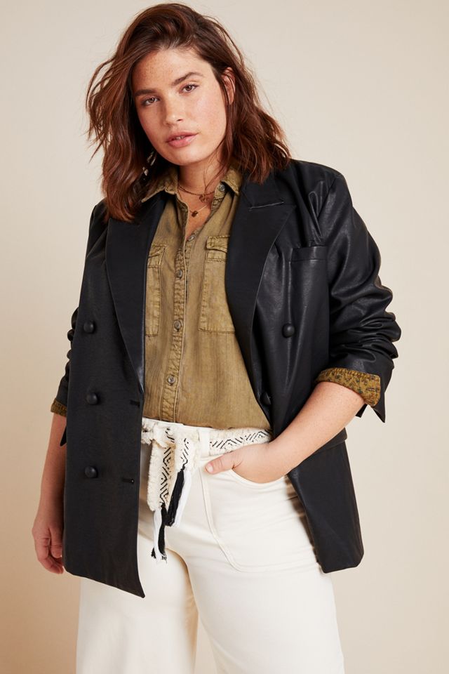 Angela Faux Leather Double-Breasted Blazer #7