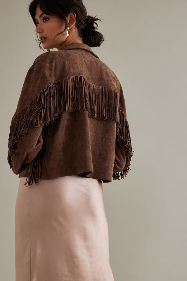 Chaqueta de camisa de gamuza de imitación NYC Western Fringe en blanco #4
