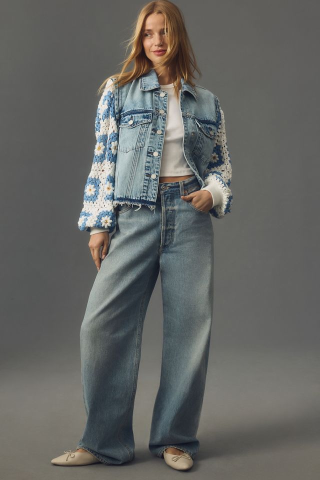 BLANKNYC All Out Crochet-Sleeve Denim Trucker Jacket #1