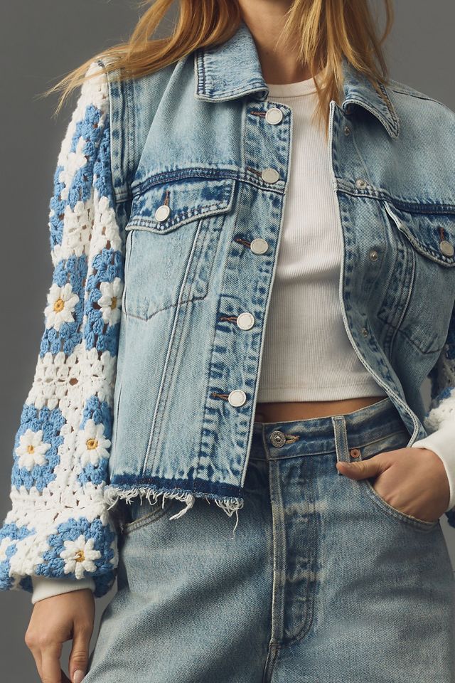 BLANKNYC All Out Crochet-Sleeve Denim Trucker Jacket #2