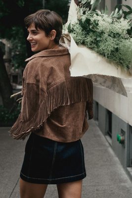 Black Faux Suede Fringe Detail Button Up Jacket