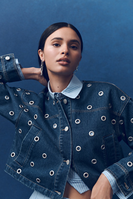 Blanknyc Denim Eyelet Collarless Jacket In Blue