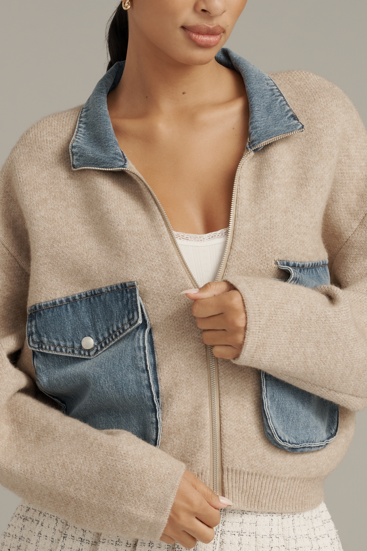 BLANKNYC Glow Up Denim & Knit Bomber Jacket