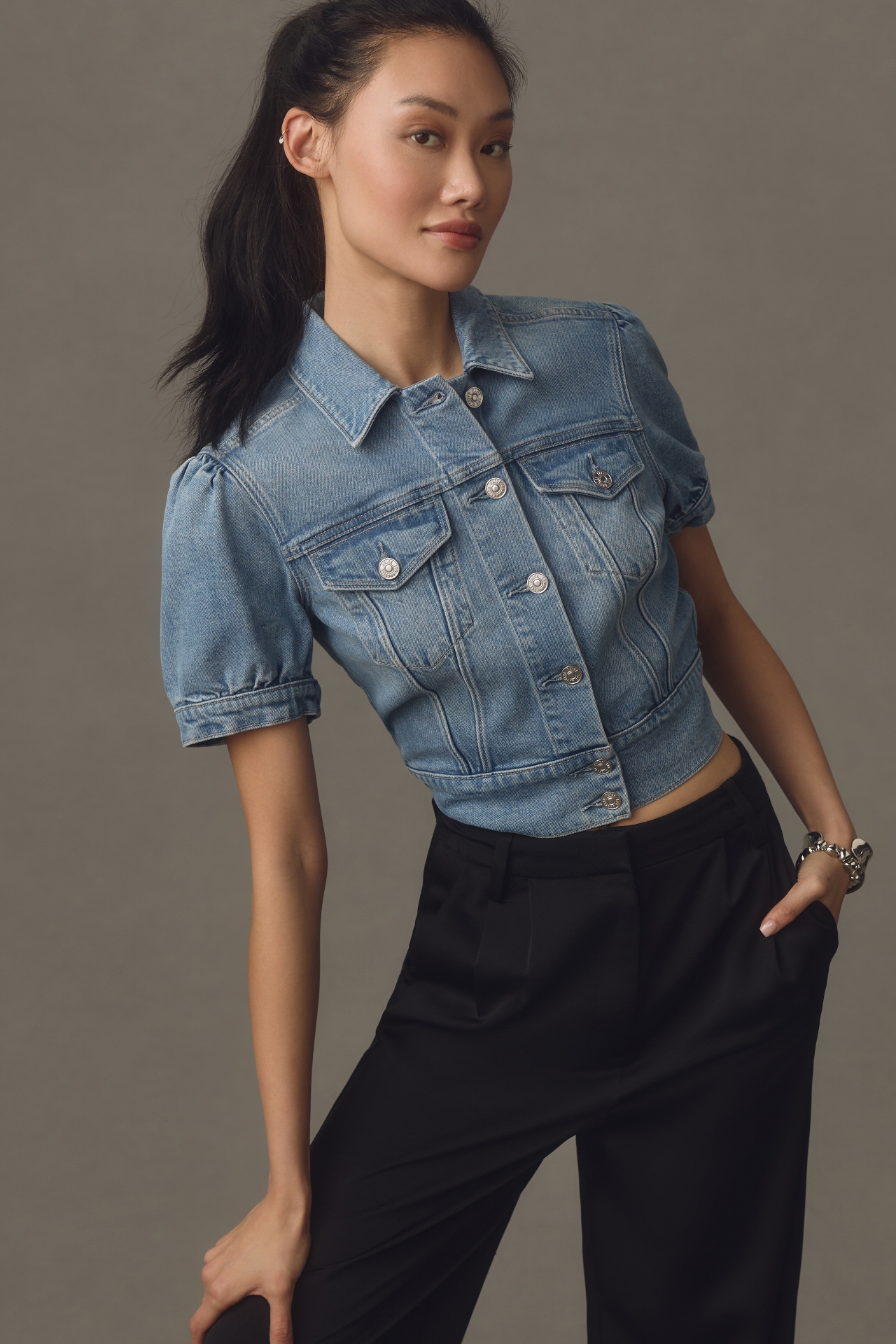 PAIGE Kendra Short-Sleeve Cropped Denim Jacket