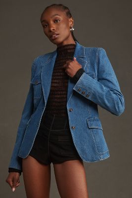 Shop Paige Romona Denim Blazer Jacket In Blue