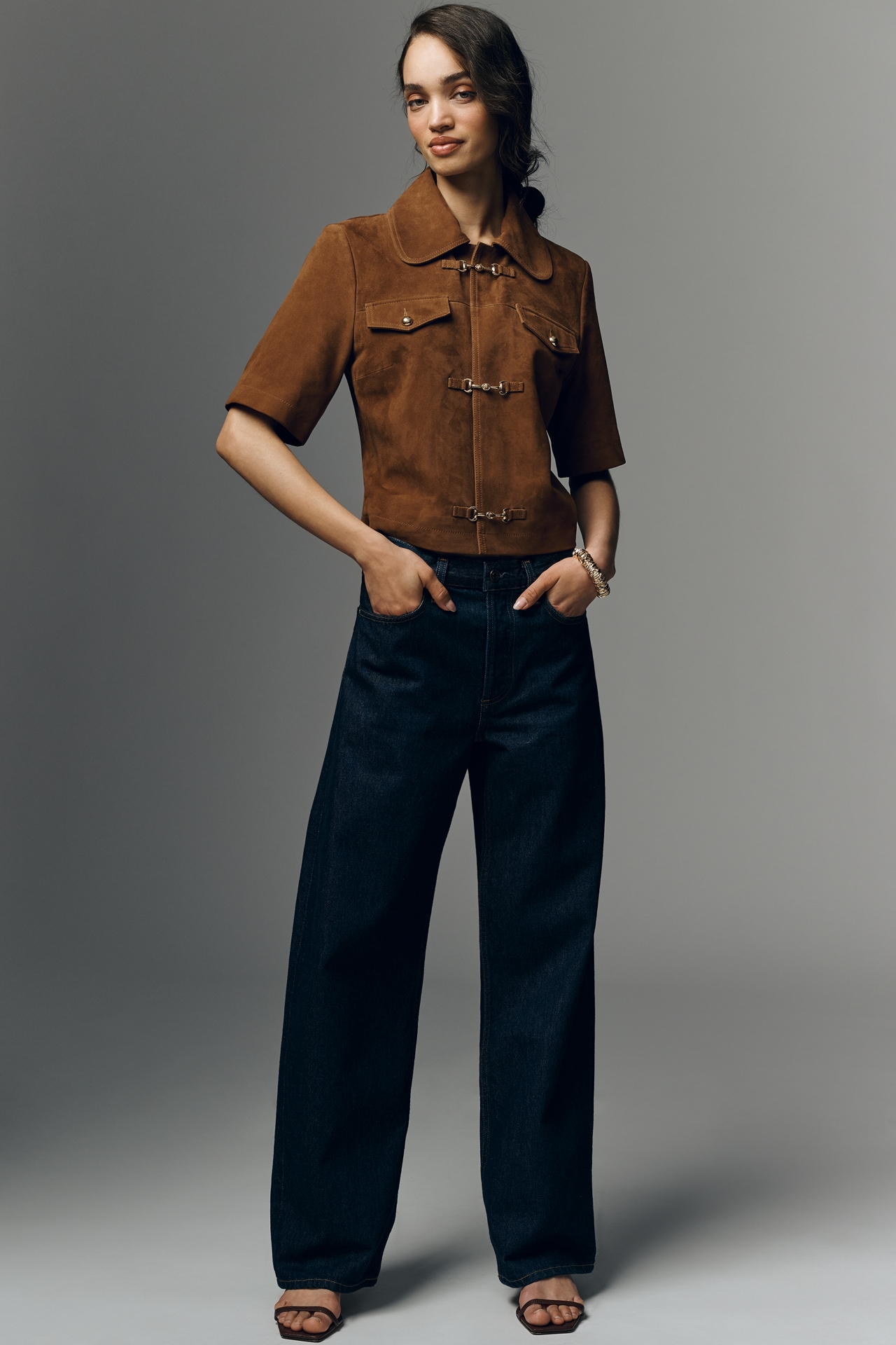 Maeve Suede Boxy Short-Sleeve Crop Lady Jacket