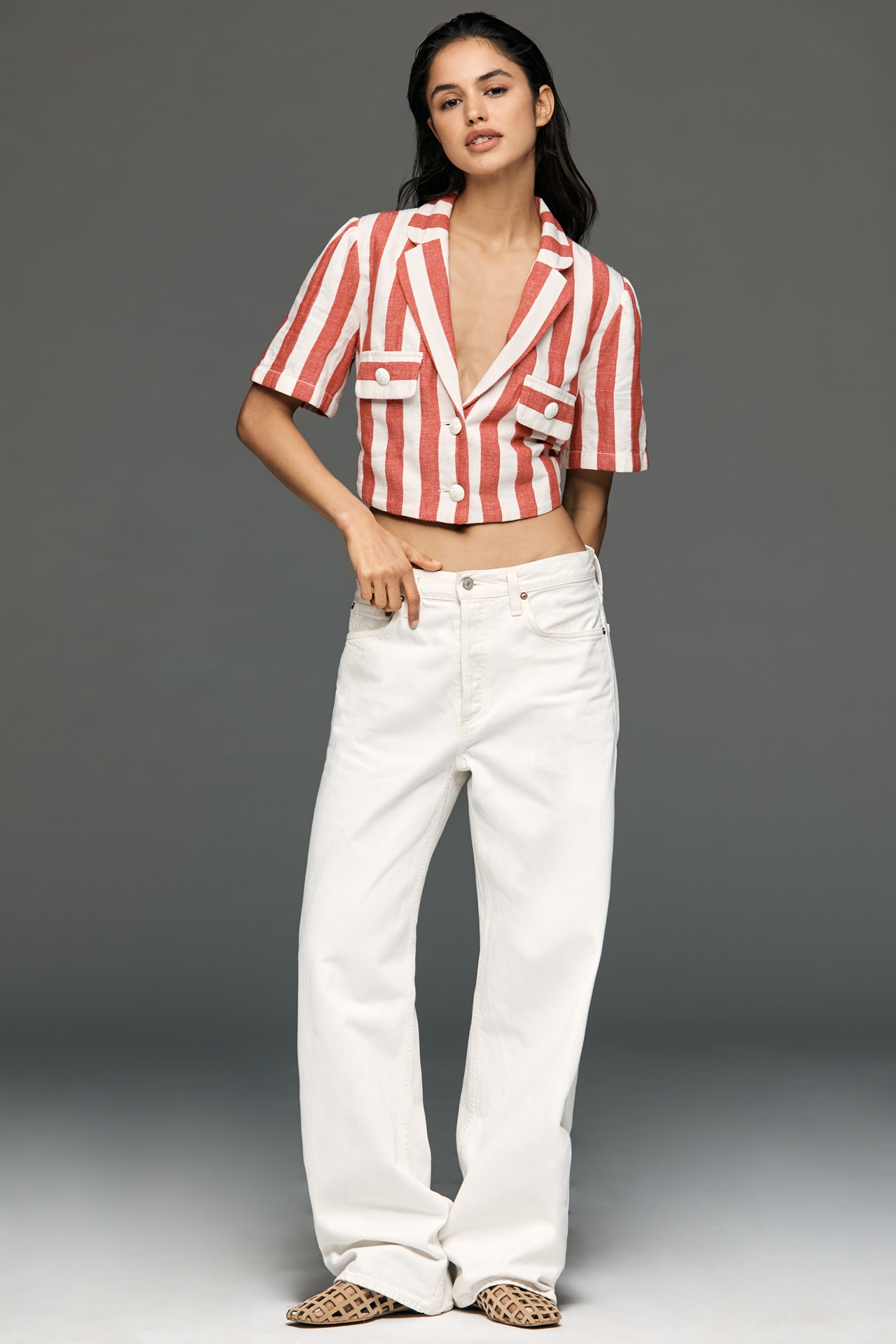 Maeve Striped Short-Sleeve Cropped Blazer