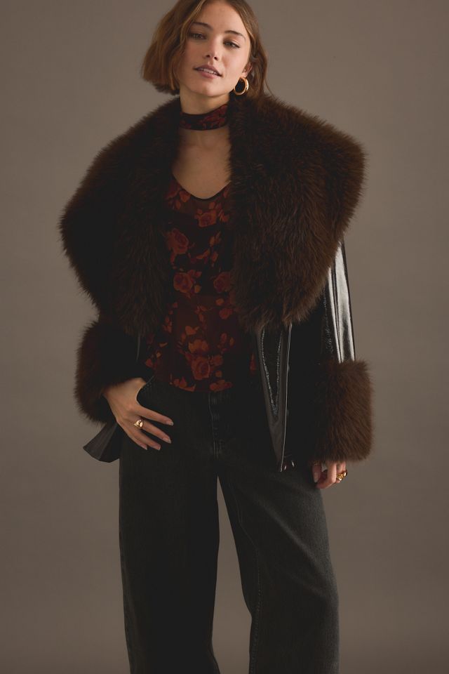 KITRI Sophie Vinyl Faux-Fur Trim Jacket #3