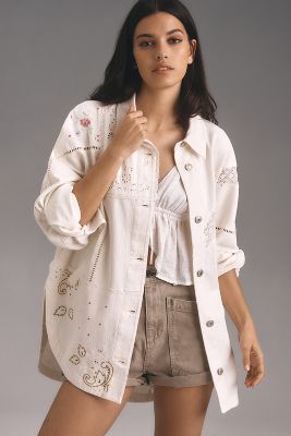 Shop By Anthropologie Reworked Embroidered Buttondown Shirt Jacket In White