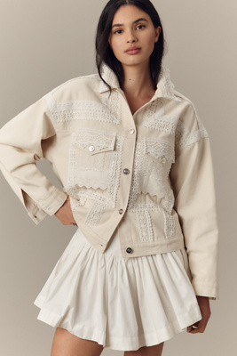 By Anthropologie Lace Denim Trucker Jacket In White