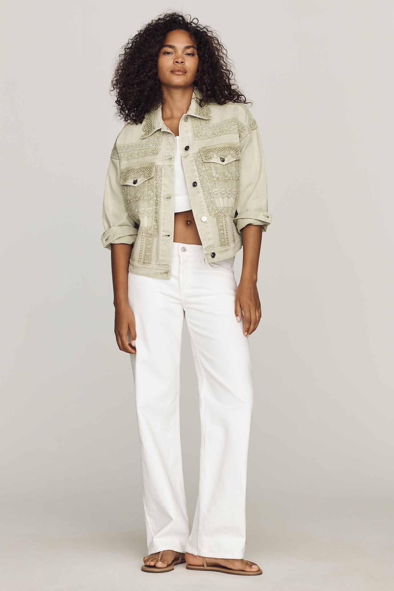 By Anthropologie Denim Lace Trucker Jacket