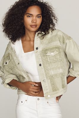 By Anthropologie Denim Lace Trucker Jacket