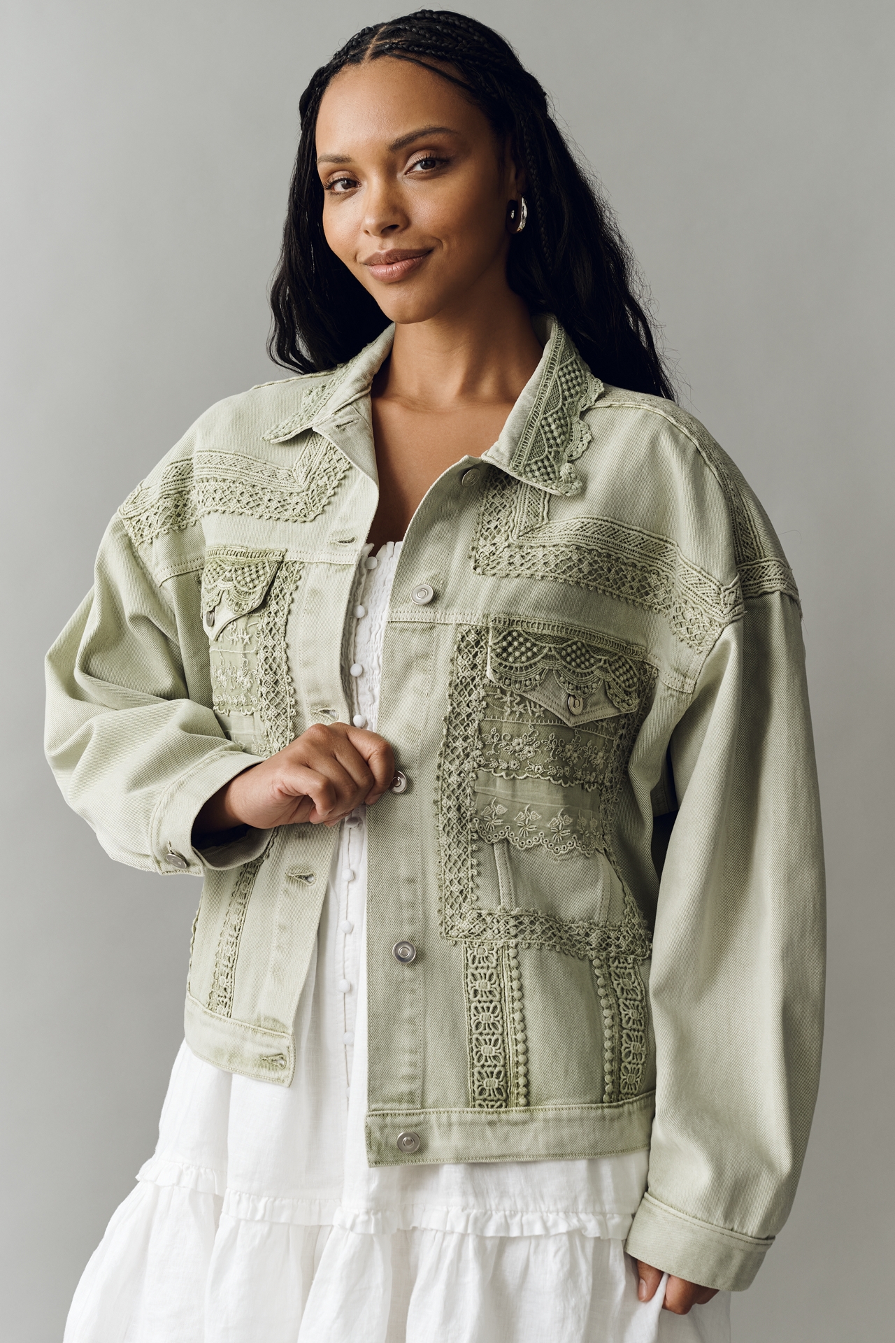 By Anthropologie Denim Lace Trucker Jacket