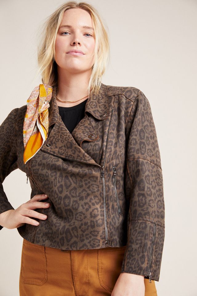 Anthro Marrakech Brown Leopard Print Biker Jacket Zip Up Thick selling Fabric Pockets L