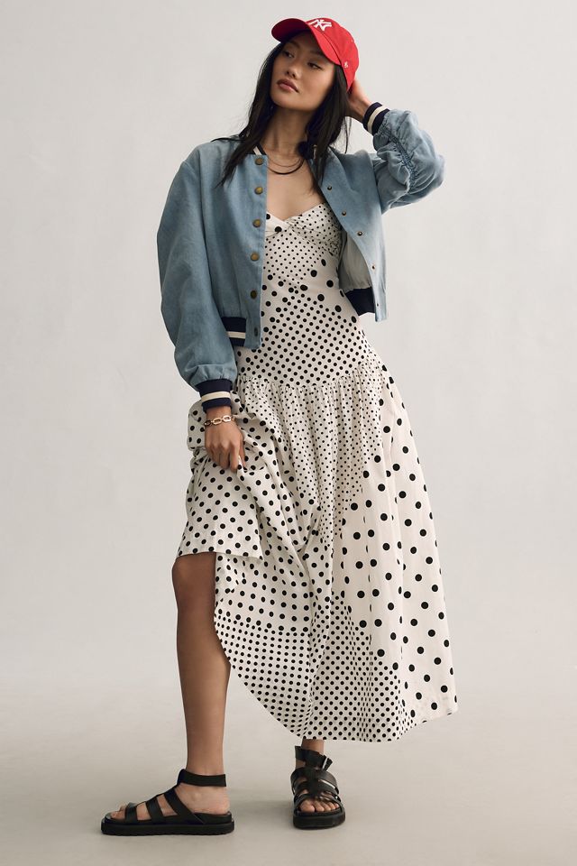 DOLAN Ruched-Sleeve Denim Varsity Bomber Jacket #1