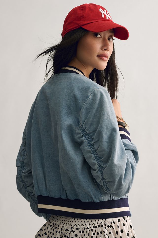 DOLAN Ruched-Sleeve Denim Varsity Bomber Jacket #2
