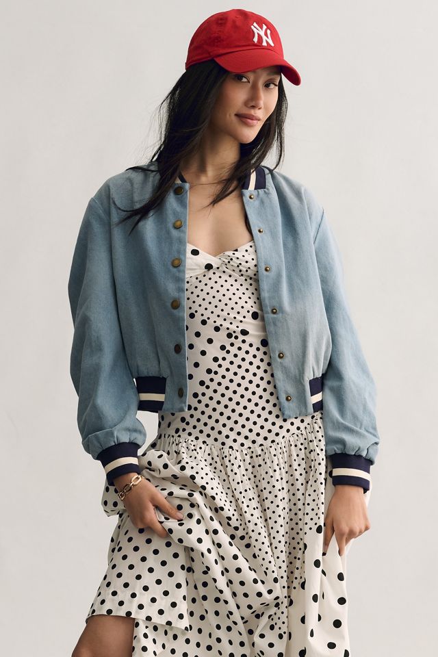 DOLAN Ruched-Sleeve Denim Varsity Bomber Jacket #3