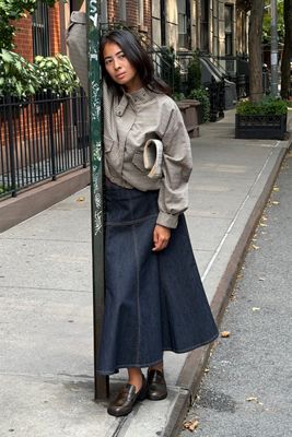 Maeve Twyla Paneled-Denim Midi Skirt | Anthropologie