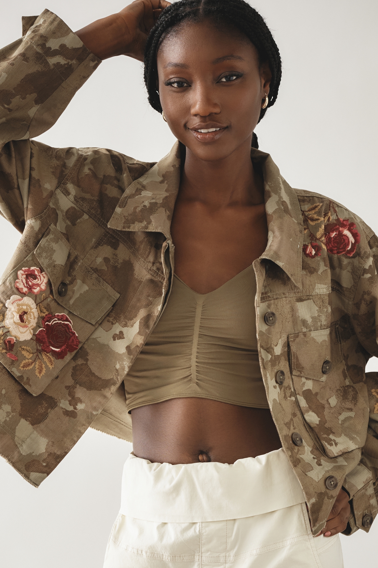 By Anthropologie Embroidered Camo Utility Jacket