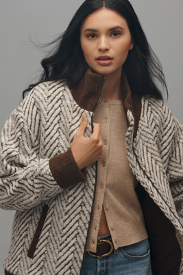 Bernardo Chevron Knit Bomber Jacket In Gold