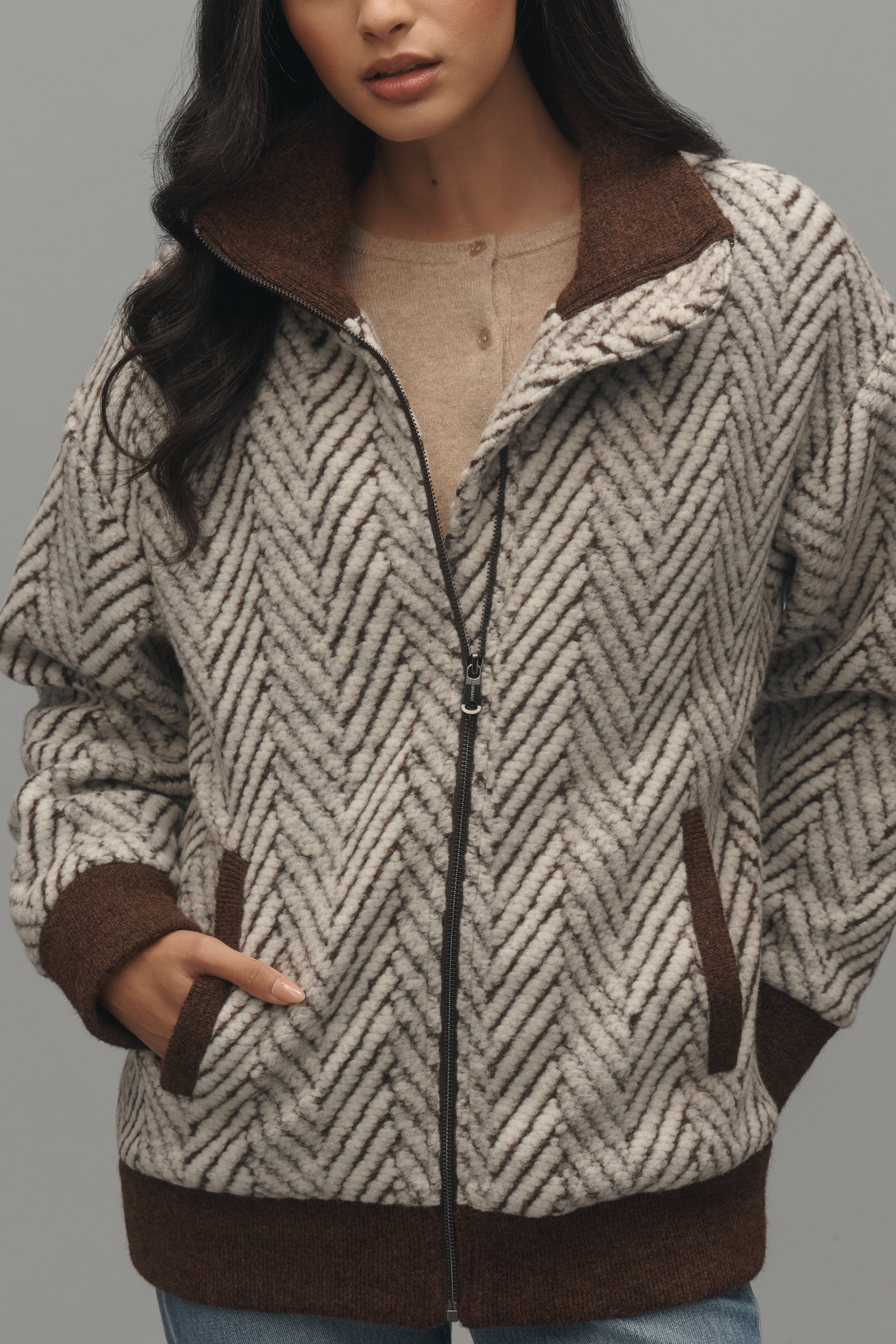 Bernardo Chevron Knit Bomber Jacket