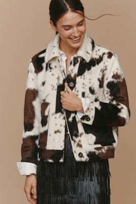 Bernardo Dakota Faux-fur Cow Print Jacket In Brown