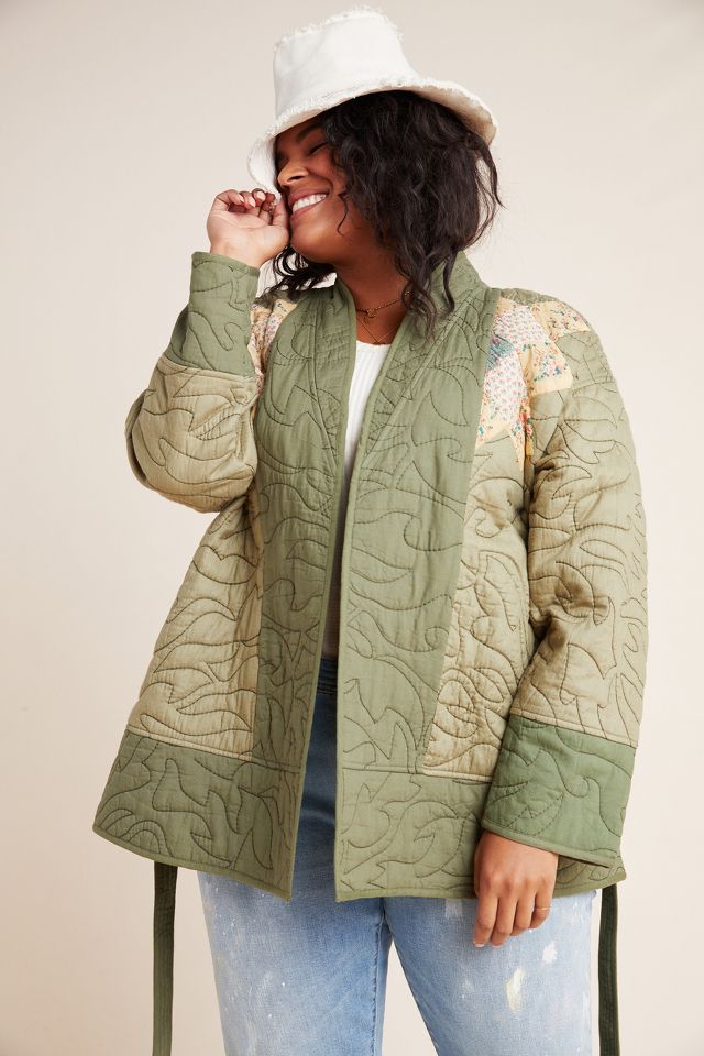 Anthropologie  Green Kimono Quilted Patchwork Jacket Size 4 (S