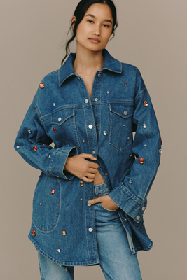 Pilcro The Tillie Jeweled Denim Shacket By  Jacket In Blue