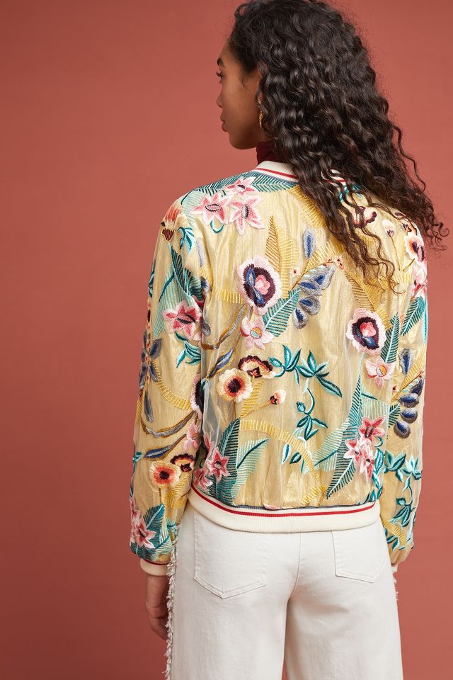 NWT New $198 Anthropologie Clemence Embroidered Floral Blue Bomber Jacket  XS
