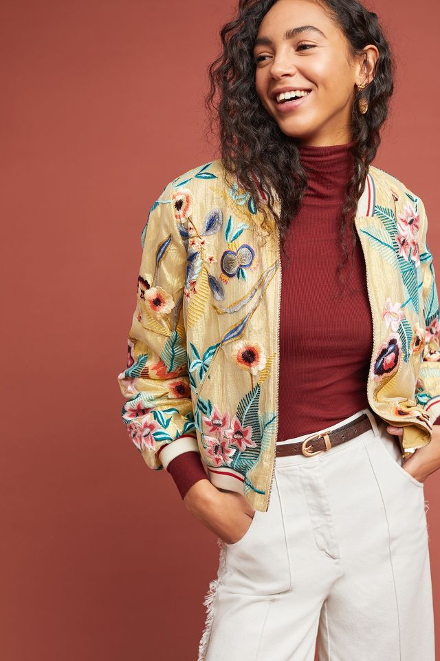 NWT New $198 Anthropologie Clemence Embroidered Floral Blue Bomber Jacket  XS