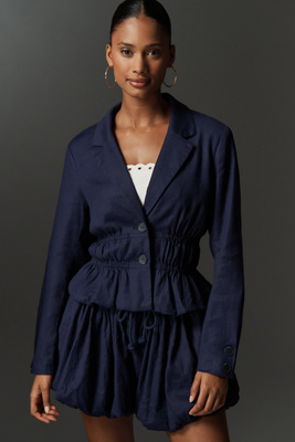 Maeve Ruched Linen Blend Blazer Jacket In Blue