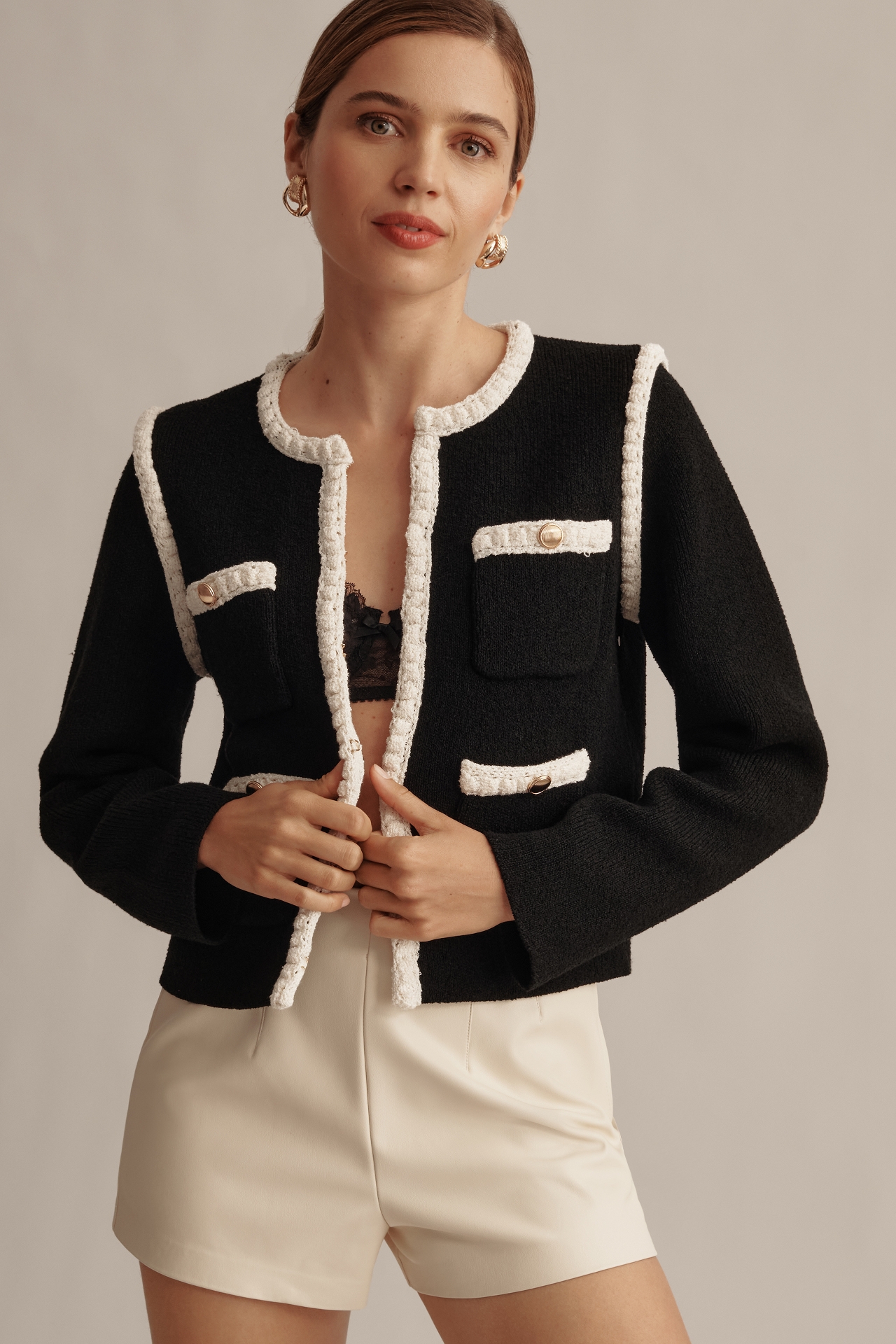 Maeve Collarless Tipped Knit Jacket