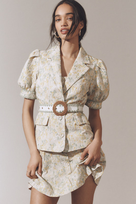 English Factory Puff-sleeve Embroidered Belted Jacket In Beige