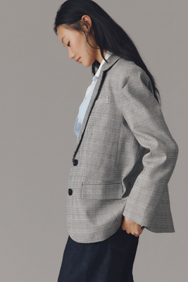 Endless Rose Oversized Plaid Blazer Jacket In Gray