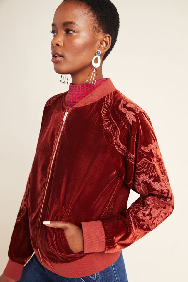 Lisanne Embroidered Velvet Bomber Jacket #3