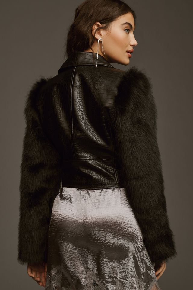 Avec Les Filles Textured Faux Leather Faux Fur Mix Biker Jacket #3