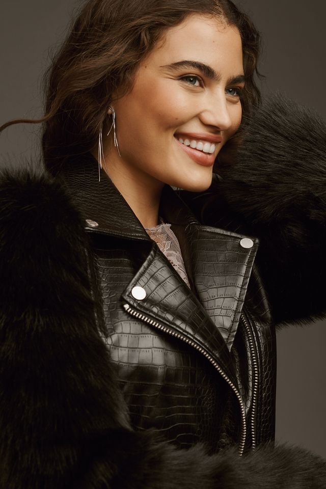 Avec Les Filles Textured Faux Leather Faux Fur Mix Biker Jacket #4