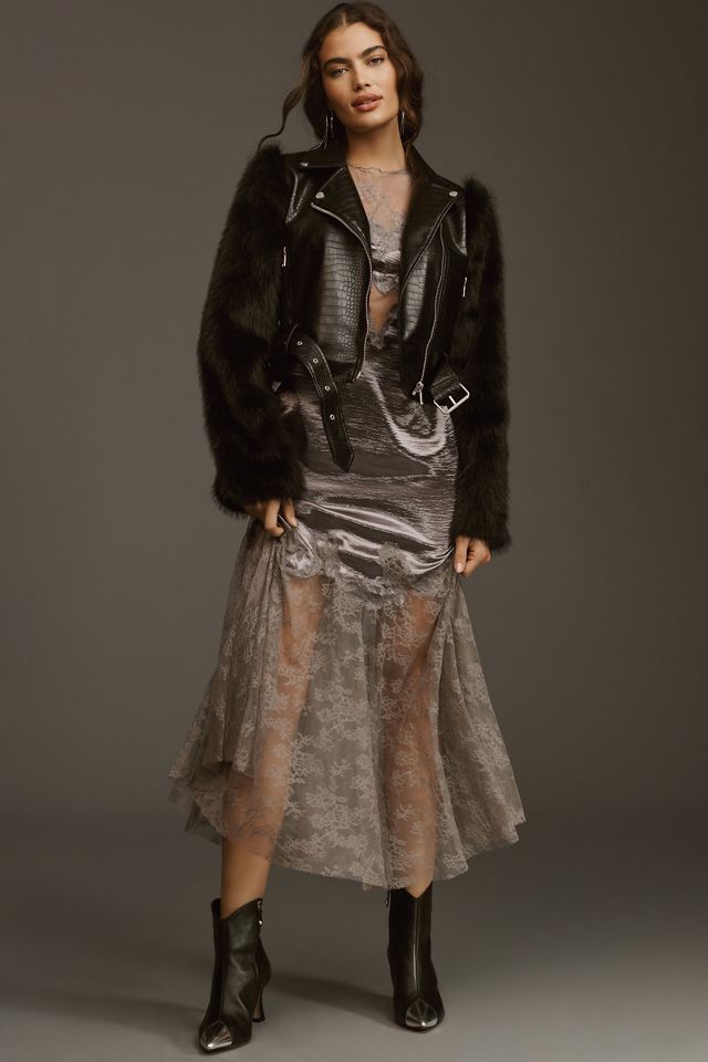 Avec Les Filles Textured Faux Leather Faux Fur Mix Biker Jacket #6