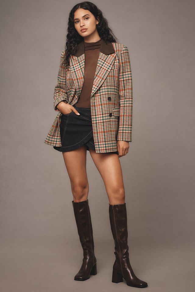 Avec Les Filles Double-Breasted Elbow-Patch Plaid Jacket  #1