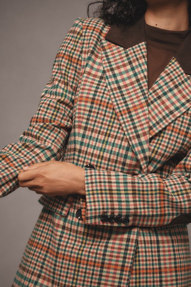 Avec Les Filles Double-Breasted Elbow-Patch Plaid Jacket  #2