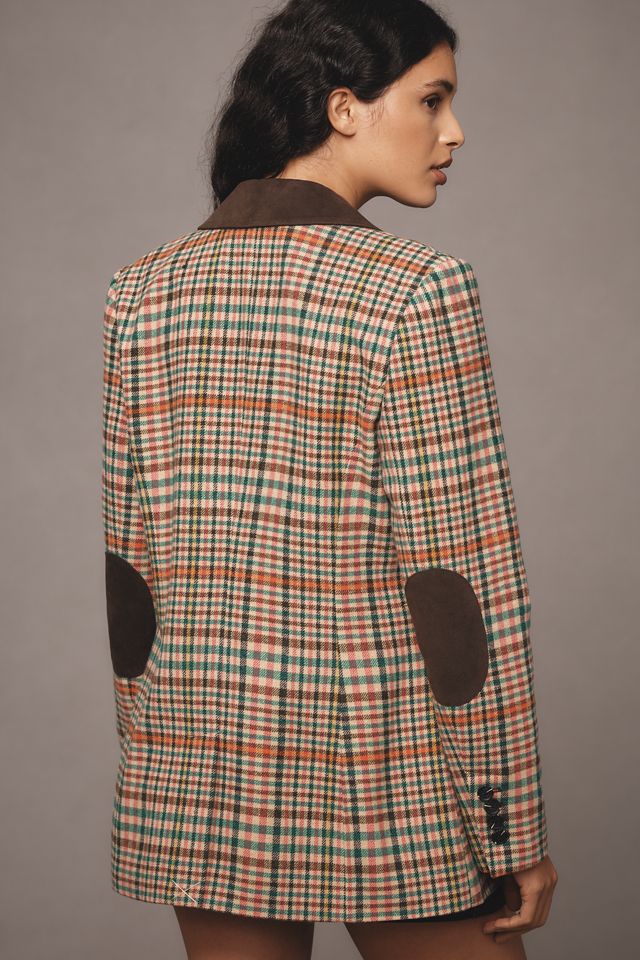 Avec Les Filles Double-Breasted Elbow-Patch Plaid Jacket  #3