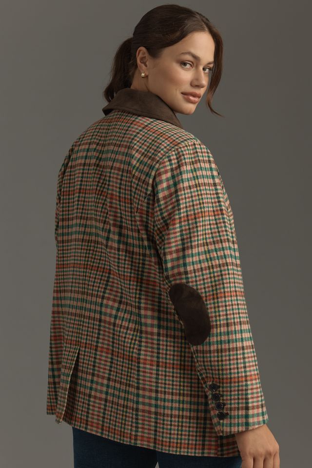 Avec Les Filles Double-Breasted Elbow-Patch Plaid Jacket  #5